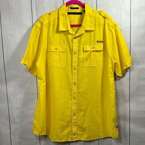 Sean John Other - Sean John Shirt Mens Yellow Linen Blend Short Sleeve Logo Pocket Button Casual